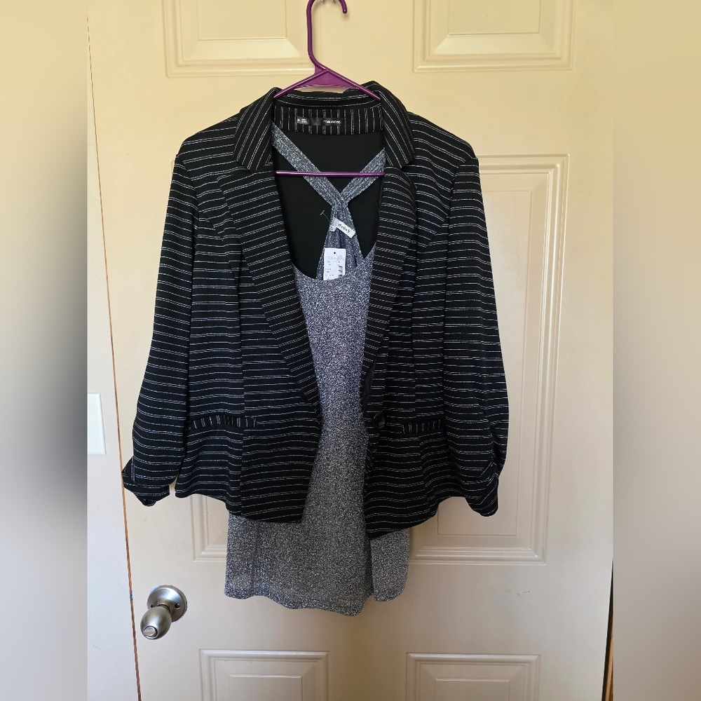 Maurices XL Black and Silver Striped Blazer And Lg Silver Tank